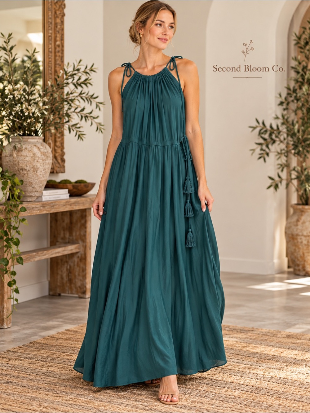Calypso St. Barth Teal Boho Cold Shoulder Tassel Tie Maxi Dress Sz S